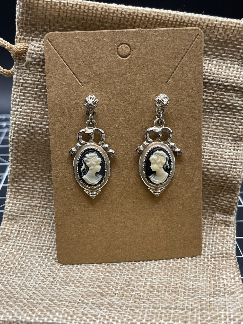 Cameo Dangle Earrings Black Ivory Silver Tone Victorian Style